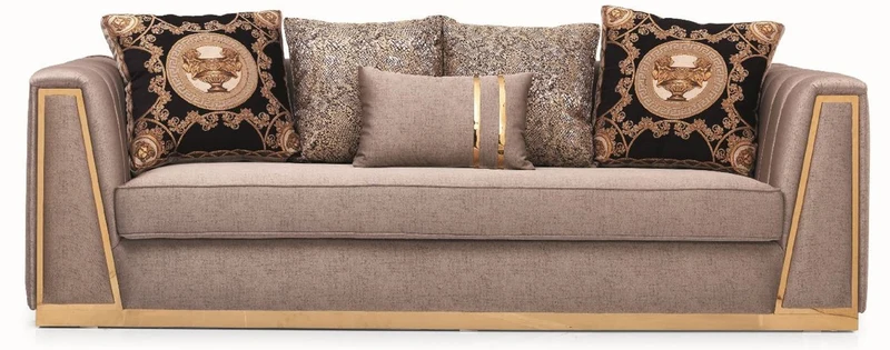 Casa Padrino Luxus Wohnzimmer Sofa mit dekorativen Kissen Grau / Gold 240 x 92 x H. 78 cm - Luxus Wohnzimmer Möbel