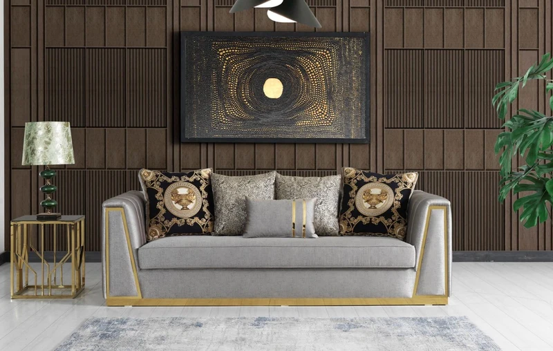 Casa Padrino Luxus Wohnzimmer Sofa mit dekorativen Kissen Grau / Gold 240 x 92 x H. 78 cm - Luxus Wohnzimmer Möbel