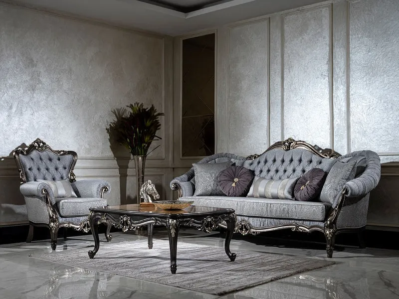 Casa Padrino Luxus Barock Wohnzimmer Set Hellblau / Grau / Dunkelgrau / Gold - 2 Sofas & 2 Sessel & 1 Couchtisch - Handgefertigte Wohnzimmer Möbel im Barockstil - Edel & Prunkvoll