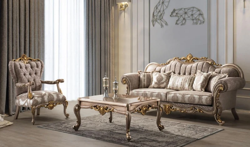 Casa Padrino Luxus Barock Couchtisch Silbergrau / Gold 110 x 80 x H. 52 cm - Handgefertigter Massivholz Wohnzimmertisch im Barockstil - Barock Möbel