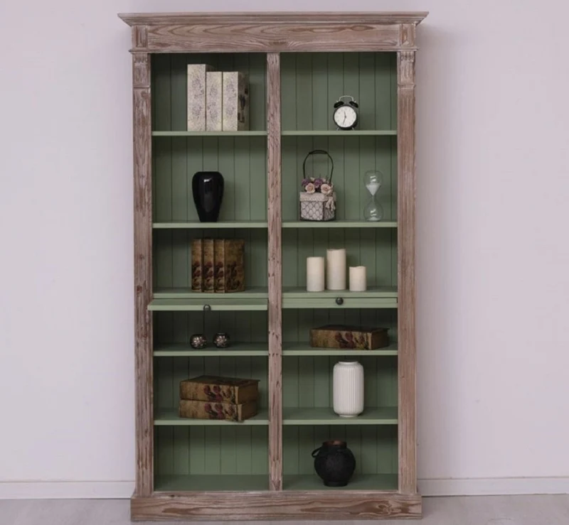 Casa Padrino Landhausstil Bücherschrank Braun / Grün 120 x 37 x H. 197 cm - Massivholz Schrank - Regalschrank - Wohnzimmerschrank - Landhausstil Möbel