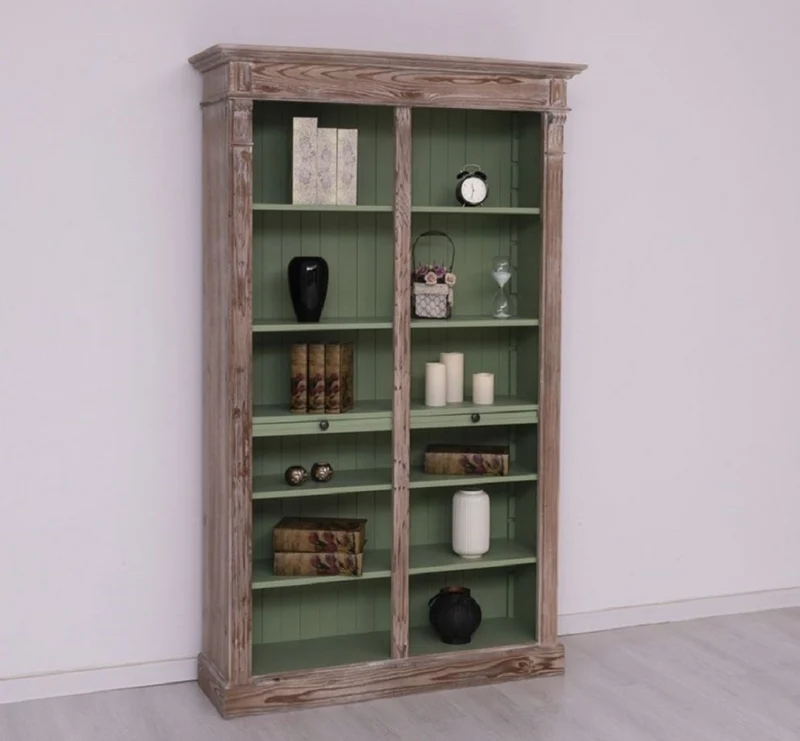 Casa Padrino Landhausstil Bücherschrank Braun / Grün 120 x 37 x H. 197 cm - Massivholz Schrank - Regalschrank - Wohnzimmerschrank - Landhausstil Möbel