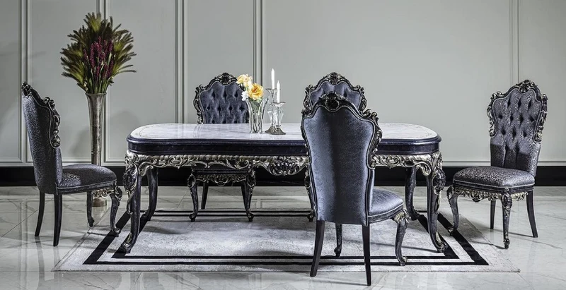 Casa Padrino Luxus Barock Esszimmerstuhl Set Blau / Gold - Handgefertigtes Küchen Stühle 6er Set - Barock Esszimmer Möbel - Edel & Prunkvoll
