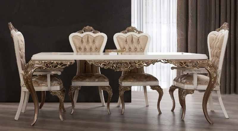 Casa Padrino Luxus Barock Esstisch Weiß / Braun / Gold - Edler Massivholz Esszimmertisch - Barock Esszimmer Möbel - Edel & Prunkvoll