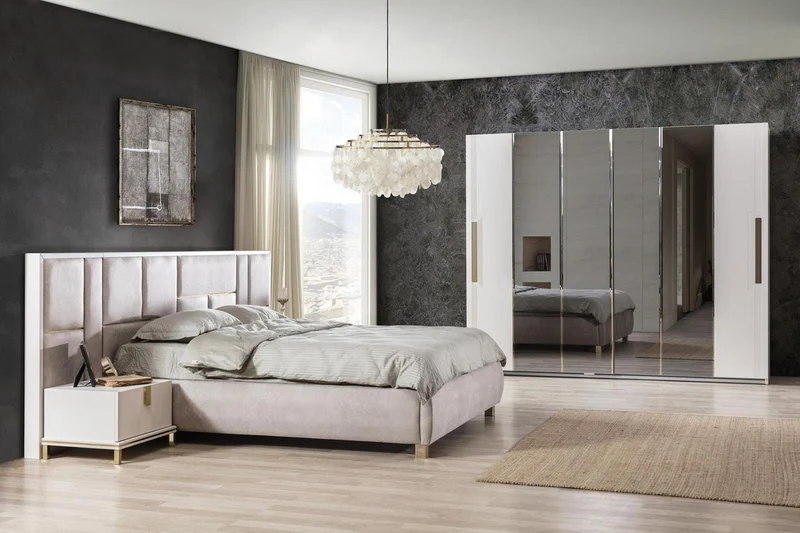 Casa Padrino Luxus Schlafzimmerschrank Weiß / Gold 260 x 70 x H. 220 cm - Verspiegelter Massivholz Kleiderschrank mit 2 Schiebetüren - Luxus Schlafzimmer Möbel