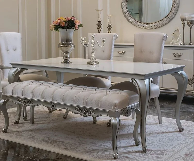 Casa Padrino Luxus Barock Esstisch Weiß / Silber - Eleganter Massivholz Küchentisch im Barockstil - Barock Esszimmer Möbel