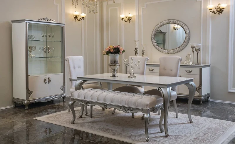 Casa Padrino Luxus Barock Esstisch Weiß / Silber - Eleganter Massivholz Küchentisch im Barockstil - Barock Esszimmer Möbel