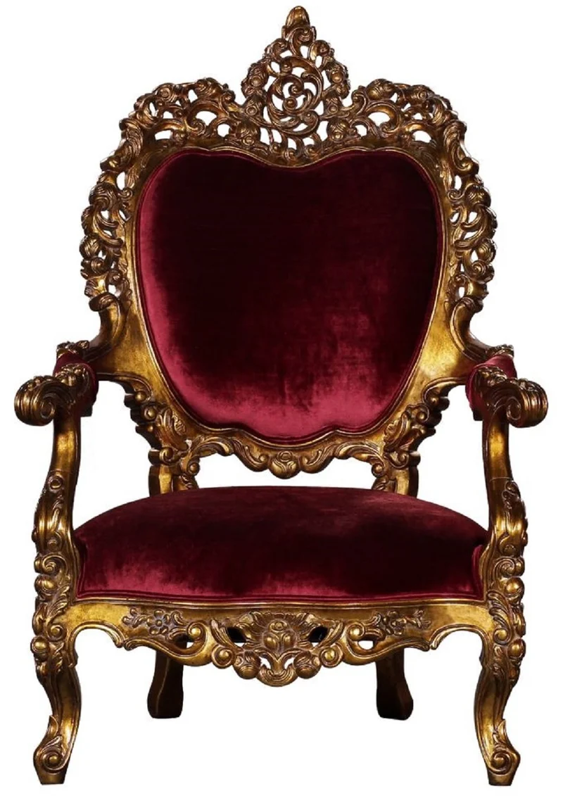 Casa Padrino Luxus Barock Wohnzimmer Sessel Bordeauxrot / Antik Gold - Prunkvoller Thron Sessel mit edlen Verzierungen - Handgefertigte Barock Wohnzimmer Möbel