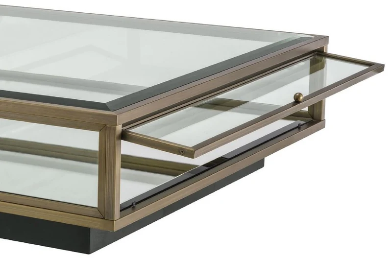 Casa Padrino Luxus Couchtisch Messingfarben / Schwarz 100 x 100 x H. 30 cm - Moderner Wohnzimmertisch - Wohnzimmer Möbel - Luxus Qualität