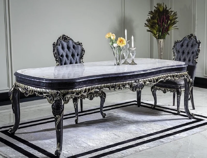 Casa Padrino Luxus Barock Esstisch Weiß / Blau / Gold - Handgefertigter Massivholz Esszimmertisch - Barock Esszimmer Möbel - Edel & Prunkvoll