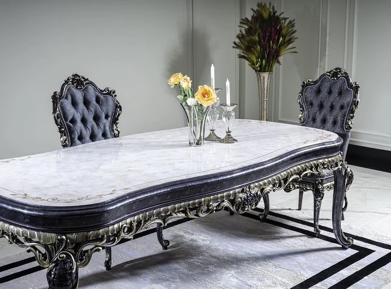 Casa Padrino Luxus Barock Esstisch Weiß / Blau / Gold - Handgefertigter Massivholz Esszimmertisch - Barock Esszimmer Möbel - Edel & Prunkvoll