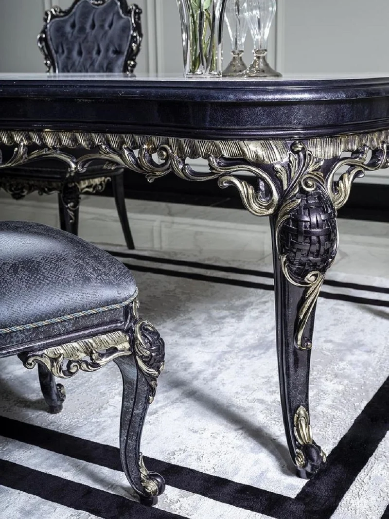 Casa Padrino Luxus Barock Esstisch Weiß / Blau / Gold - Handgefertigter Massivholz Esszimmertisch - Barock Esszimmer Möbel - Edel & Prunkvoll