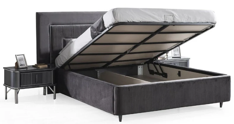Casa Padrino Luxus Schlafzimmer Set Grau / Silber - 1 Doppelbett mit Kopfteil & 2 Nachttische - Luxus Schlafzimmer Möbel