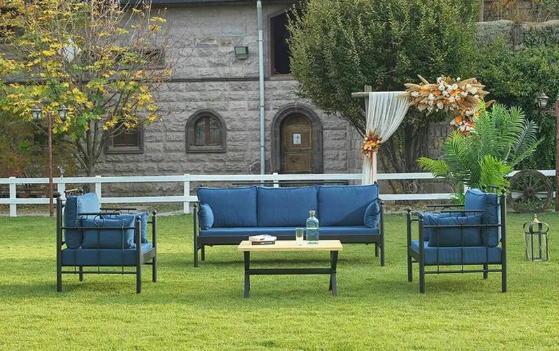 Casa Padrino Jugendstil Gartenmöbel Set Blau / Schwarz - 1 Sofa & 2 Sessel & 1 Tisch - Garten & Terrassen Möbel im Jugendstil
