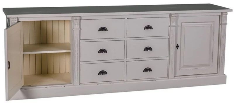 Casa Padrino Landhausstil Sideboard Antik Grau / Cremefarben 219 x 51 x H. 78 cm - Massivholz Schrank mit 2 Türen und 6 Schubladen - Landhausstil Massivholz Möbel