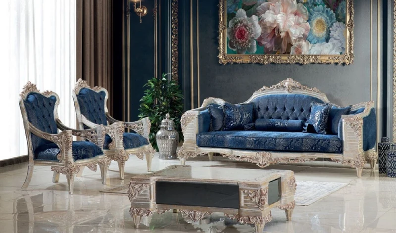Casa Padrino Luxus Barock Sofa Blau / Creme / Kupfer / Gold 245 x 100 x H. 115 cm - Prunkvolles Wohnzimmer Sofa mit elegantem Muster - Möbel im Barockstil