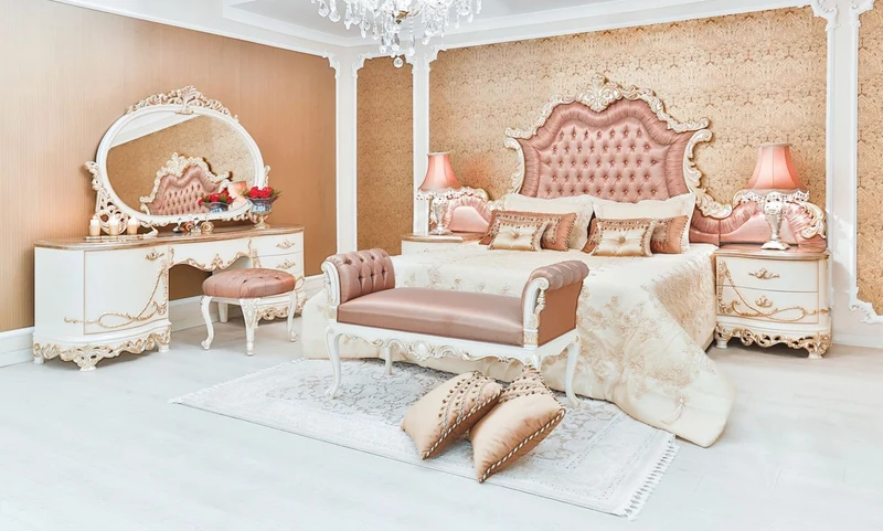 Casa Padrino Luxus Barock Hocker Rosa / Weiß / Kupferfarben - Handgefertigter Barock Sitzhocker - Hochwertige Barock Möbel