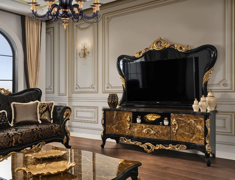 Casa Padrino Luxus Barock TV Schrank Braun / Schwarz / Gold 180 x 50 x H. 190 cm - Prunkvolles Massivholz Sideboard - Barock Wohnzimmer Möbel
