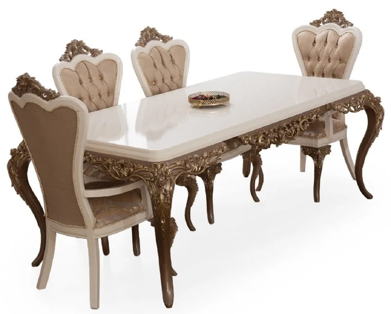 Casa Padrino Luxus Barock Esszimmer Set Weiß / Braun / Gold - 1 Esszimmertisch & 6 Esszimmerstühle - Edle Barock Esszimmer Möbel - Edel & Prunkvoll