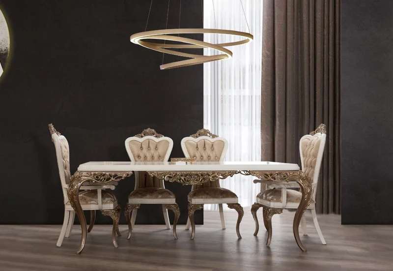 Casa Padrino Luxus Barock Esszimmer Set Weiß / Braun / Gold - 1 Esszimmertisch & 6 Esszimmerstühle - Edle Barock Esszimmer Möbel - Edel & Prunkvoll