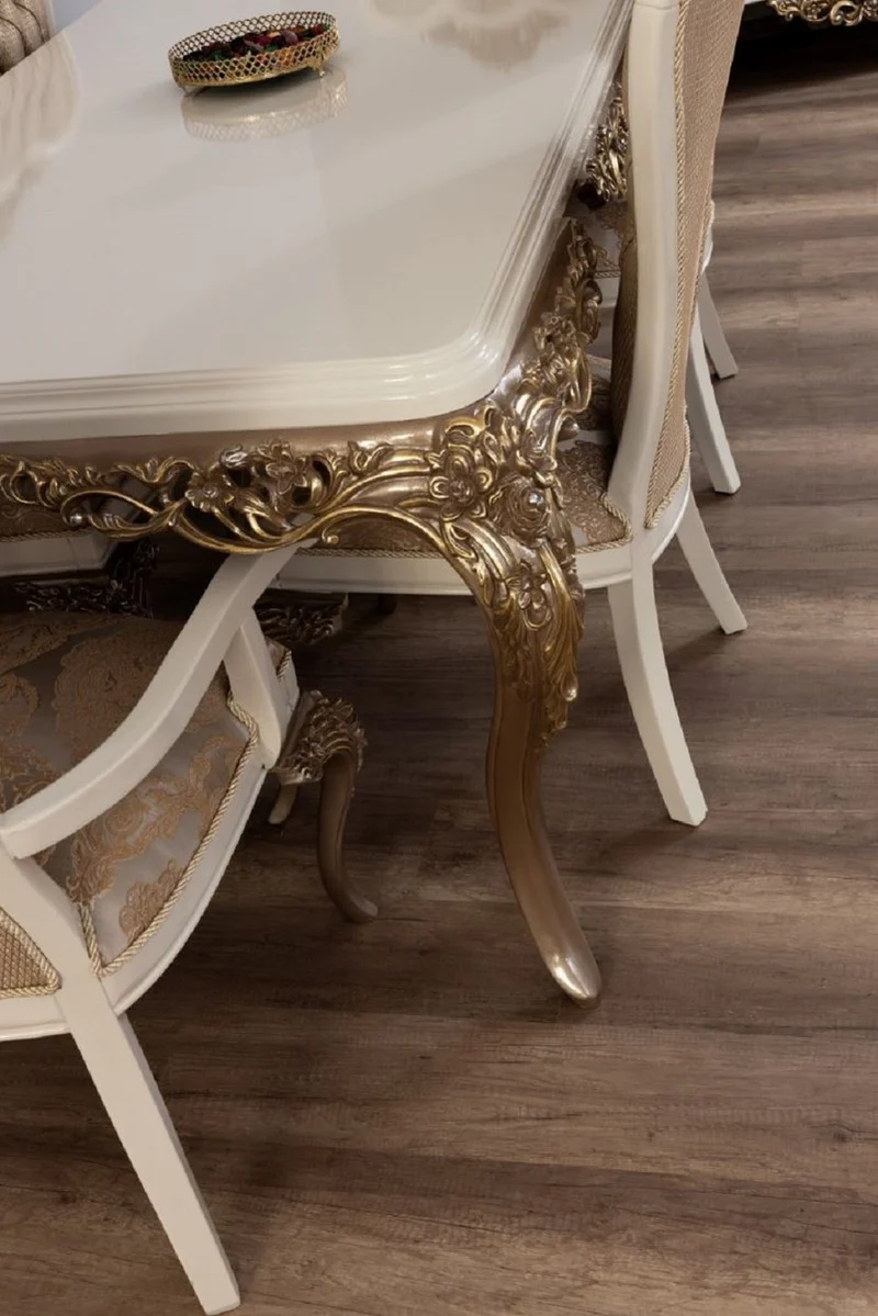 Casa Padrino Luxus Barock Esszimmer Set Weiß / Braun / Gold - 1 Esszimmertisch & 6 Esszimmerstühle - Edle Barock Esszimmer Möbel - Edel & Prunkvoll