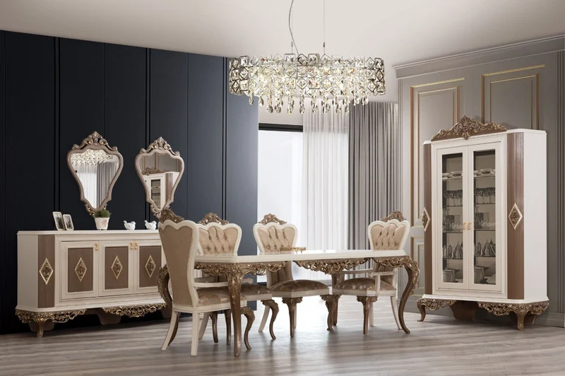 Casa Padrino Luxus Barock Esszimmer Set Weiß / Braun / Gold - 1 Esszimmertisch & 6 Esszimmerstühle - Edle Barock Esszimmer Möbel - Edel & Prunkvoll