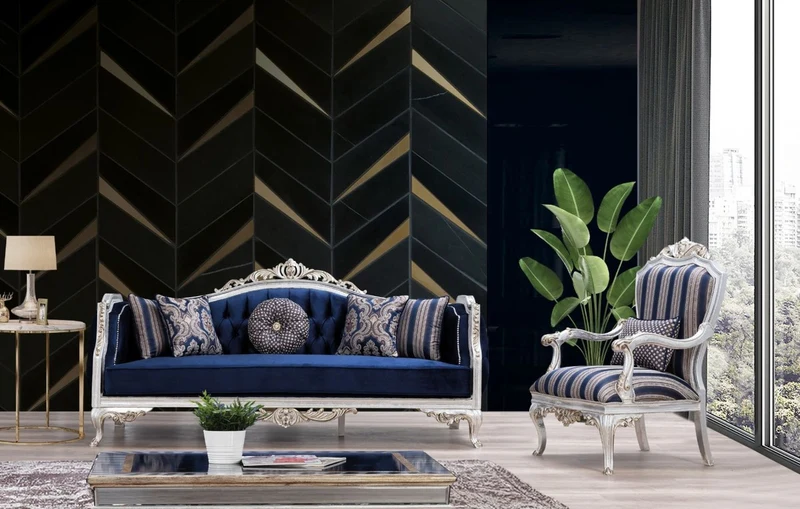 Casa Padrino Luxus Barock Sessel Blau / Silber / Gold 75 x 80 x H. 120 cm - Prunkvoller Wohnzimmer Sessel mit Streifen - Barock Wohnzimmer Möbel
