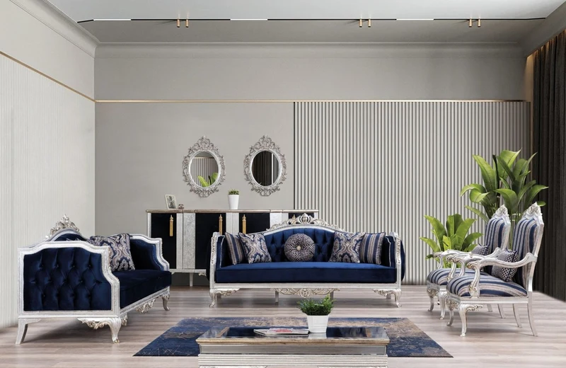 Casa Padrino Luxus Barock Sessel Blau / Silber / Gold 75 x 80 x H. 120 cm - Prunkvoller Wohnzimmer Sessel mit Streifen - Barock Wohnzimmer Möbel