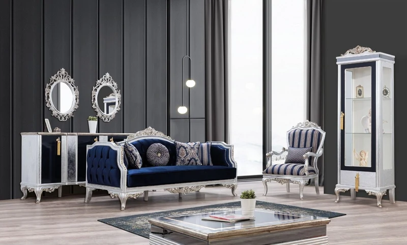 Casa Padrino Luxus Barock Sessel Blau / Silber / Gold 75 x 80 x H. 120 cm - Prunkvoller Wohnzimmer Sessel mit Streifen - Barock Wohnzimmer Möbel
