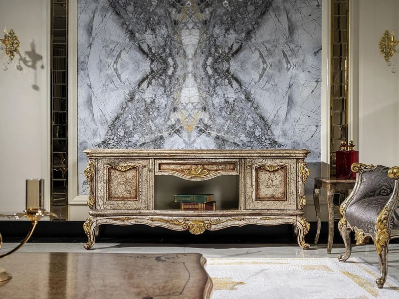 Casa Padrino Luxus Barock TV Schrank Antik Silber / Braun / Gold - Prunkvolles Wohnzimmer Sideboard mit 2 Türen und Schublade - Barock Wohnzimmer Möbel