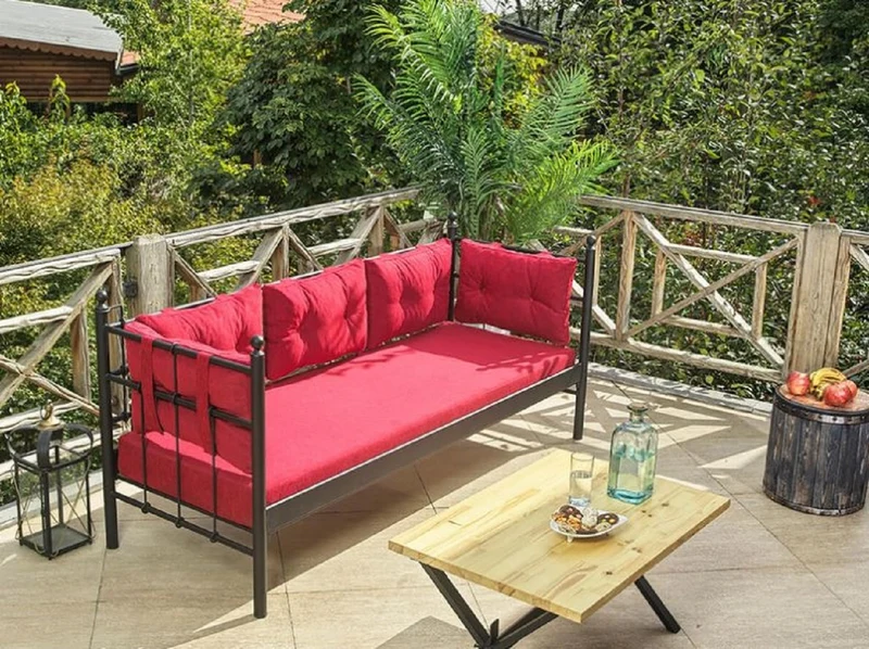 Casa Padrino Jugendstil Gartensofa Schwarz / Bordeauxrot 200 x 70 x H. 92 cm - Garten Sofa - Terrassen Sofa - Garten & Terrassen Möbel