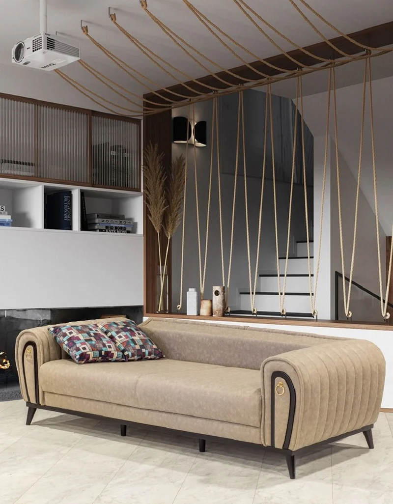 Casa Padrino Luxus Schlafsofa Beige / Schwarz / Gold 222 x 90 x H. 80 cm - Modernes Wohnzimmer Sofa - Luxus Wohnzimmer Möbel