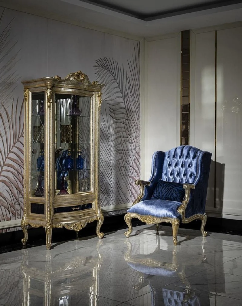Casa Padrino Luxus Barock Vitrine Silber / Gold - Handgefertigter Massivholz Vitrinenschrank - Barock Wohnzimmer Möbel