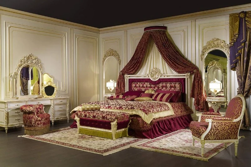 Casa Padrino Luxus Barock Schlafzimmer Set Bordeauxrot / Weiß / Gold - 1 Doppelbett mit Kopfteil & 1 Baldachin & 1 Sitzbank - Barock Schlafzimmer Möbel - Edel & Prunkvoll