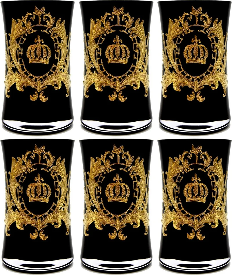 Pompöös by Casa Padrino Luxus Wasserglas Set Schwarz / Gold Ø 8 x H. 13 cm - Wassergläser mit 24 Karat Vergoldung - Pompööse Gläser designed by Harald Glööckler