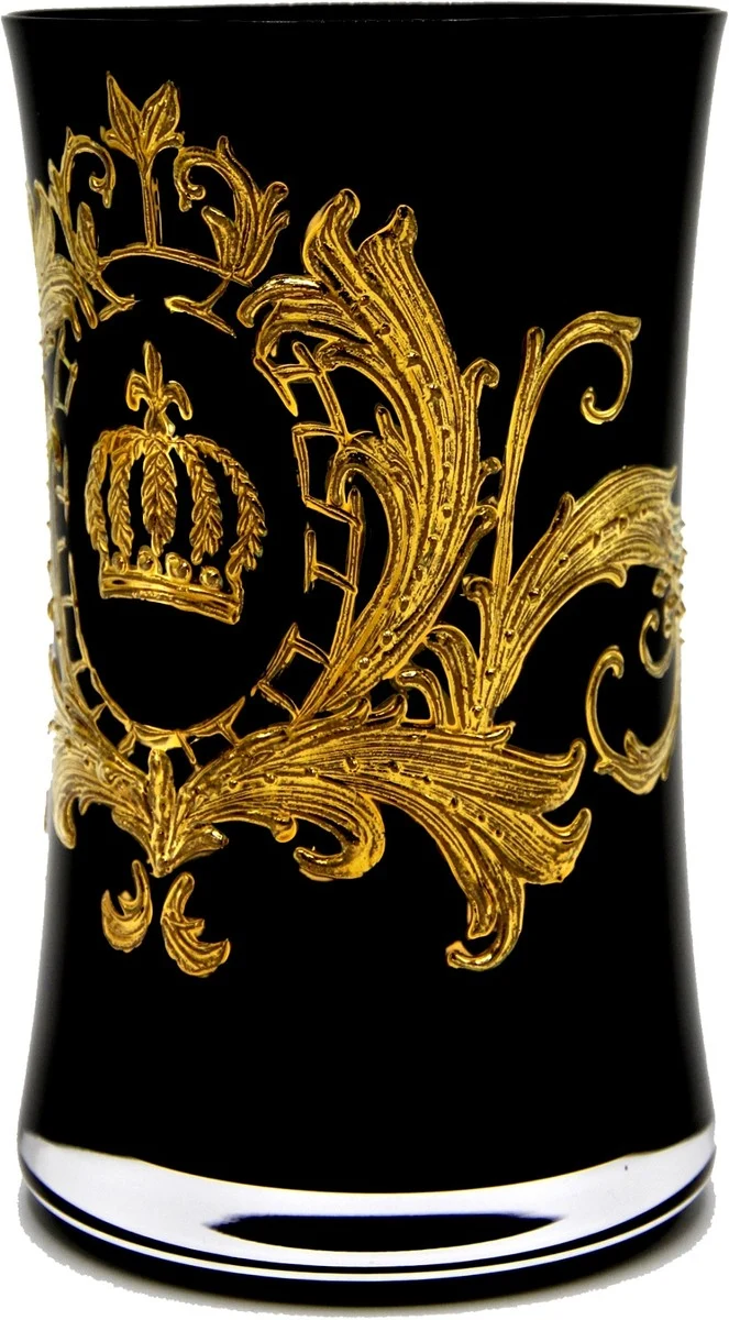 Pompöös by Casa Padrino Luxus Wasserglas Set Schwarz / Gold Ø 8 x H. 13 cm - Wassergläser mit 24 Karat Vergoldung - Pompööse Gläser designed by Harald Glööckler
