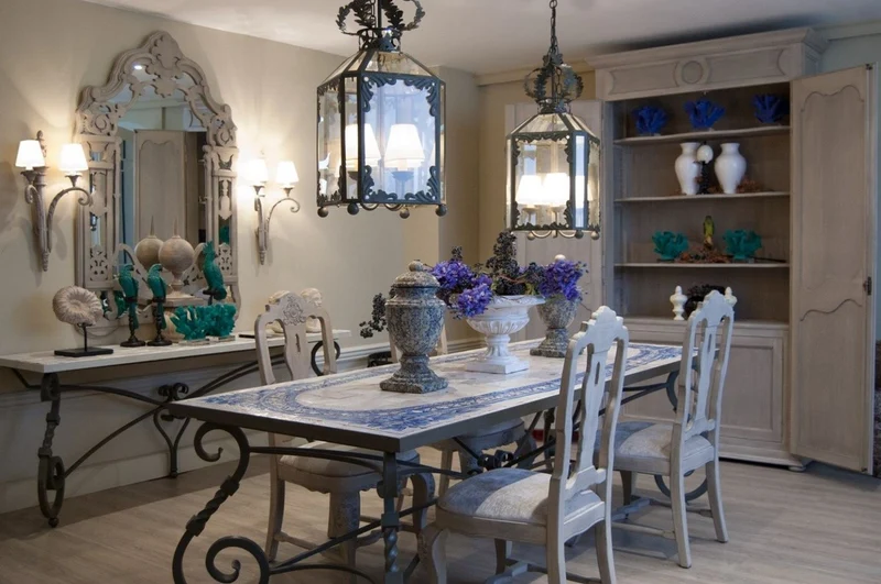 Casa Padrino Luxus Barock Esstisch - Handgefertigter Schmiedeeisen Küchentisch mit Naturstein Mosaik Fliesen Tischplatte - Garten Tisch - Terrassen Tisch - Esszimmer Garten Terrassen Möbel