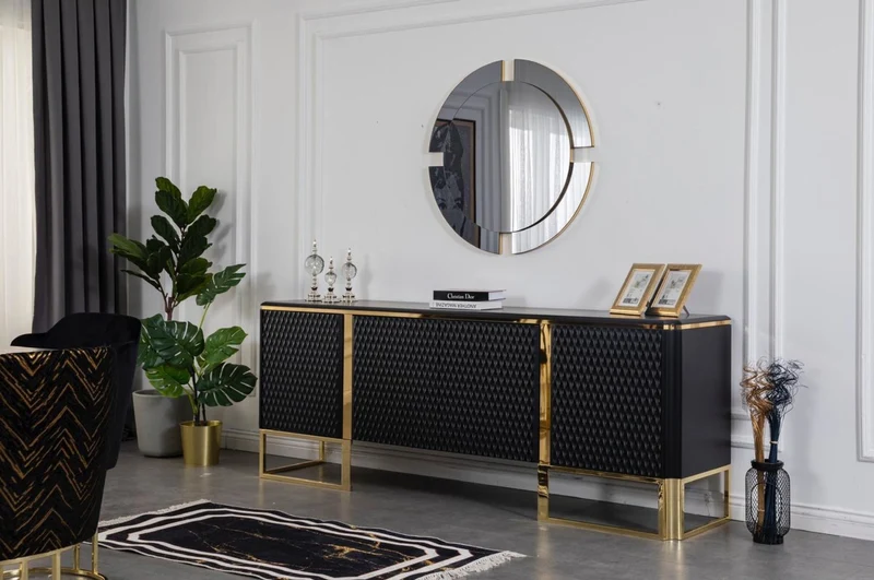 Casa Padrino Luxus Sideboard Schwarz / Gold 220 x 50 x H. 83 cm - Edler Massivholz Schrank mit 4 Türen - Luxus Möbel - Luxus Qualität