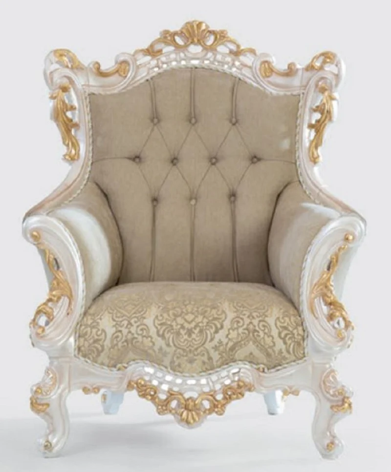 Casa Padrino Luxus Barock Sessel Greige / Weiß / Gold 100 x 80 x H. 125 cm - Handgefertigter Wohnzimmer Sessel mit elegantem Muster - Barock Wohnzimmer Möbel - Edel & Prunkvoll