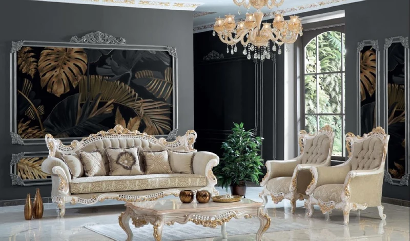 Casa Padrino Luxus Barock Sessel Greige / Weiß / Gold 100 x 80 x H. 125 cm - Handgefertigter Wohnzimmer Sessel mit elegantem Muster - Barock Wohnzimmer Möbel - Edel & Prunkvoll