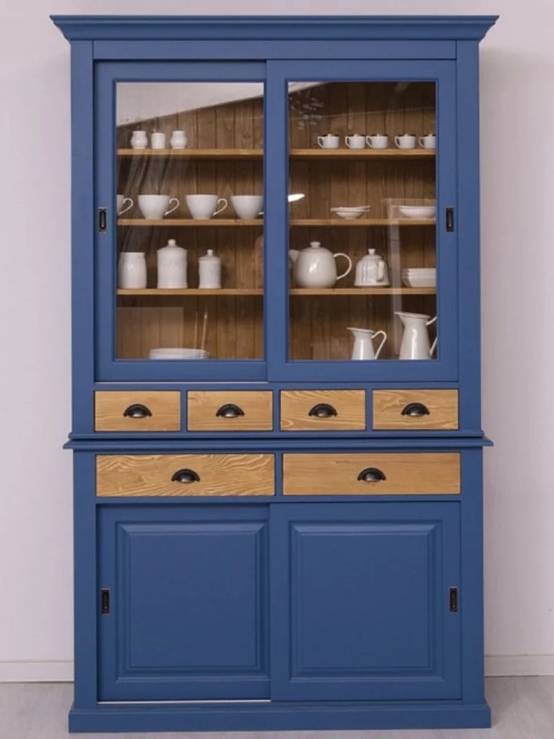 Casa Padrino Landhausstil Esszimmerschrank Blau / Naturfarben 142 x 48 x H. 225 cm - Massivholz Küchenschrank - Landhausstil Esszimmer Möbel