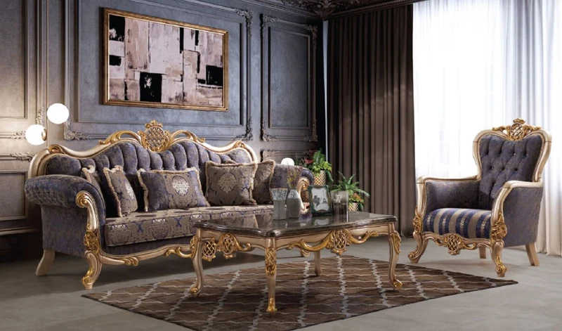 Casa Padrino Luxus Barock Wohnzimmertisch Blau / Silber / Gold 120 x 90 x H. 55 cm - Edler Massivholz Couchtisch im Barockstil - Barock Wohnzimmer Möbel