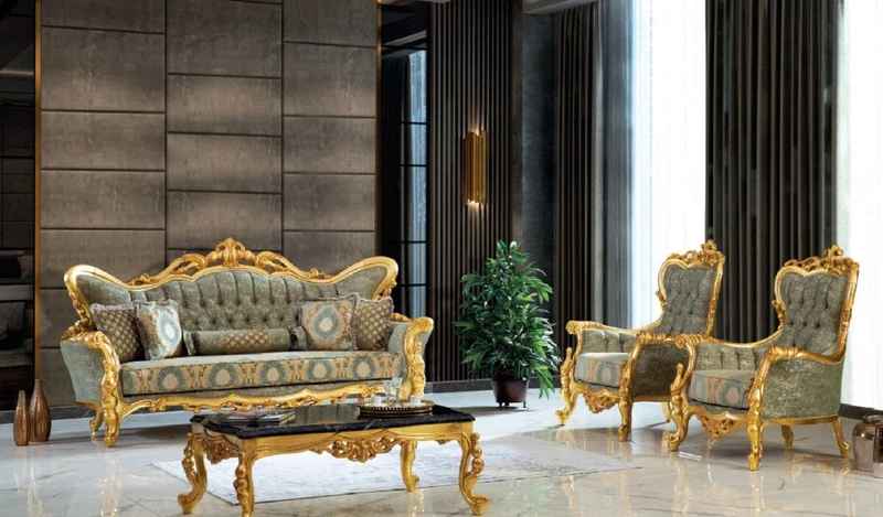 Casa Padrino Luxus Barock Sofa Grün / Gold 245 x 90 x H. 126 cm - Handgefertigtes Wohnzimmer Sofa mit elegantem Muster - Barock Wohnzimmer Möbel - Edel & Prunkvoll
