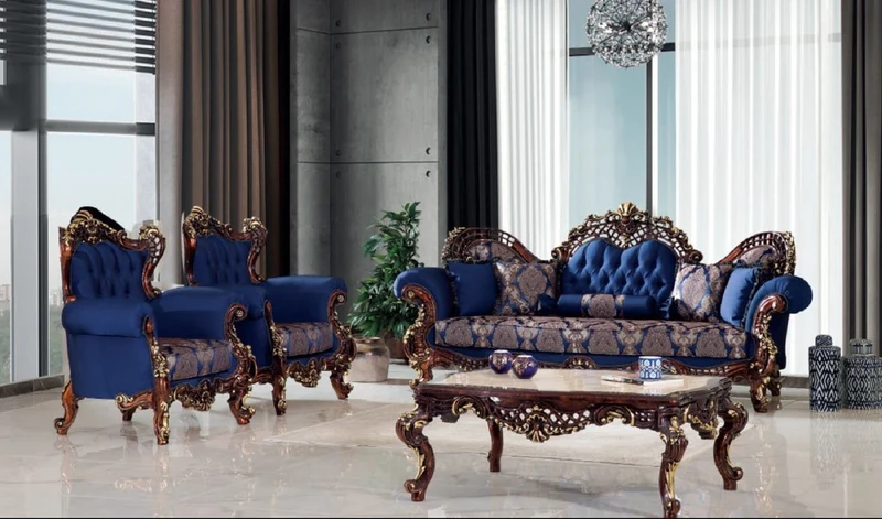 Casa Padrino Luxus Barock Sessel Blau / Dunkelbraun / Gold 110 x 95 x H. 121 cm - Prunkvoller Wohnzimmer Sessel mit elegantem Muster - Barock Möbel
