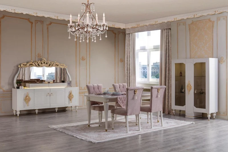 Casa Padrino Luxus Barock Esszimmer Set Rosa / Weiß / Gold - 1 Esstisch & 6 Esszimmerstühle - Barock Esszimmer Möbel