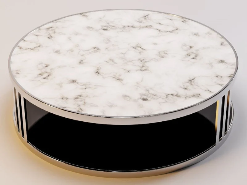 Casa Padrino Luxus Couchtisch Silber / Weiß / Schwarz Ø 115 x H. 33 cm - Runder Wohnzimmertisch mit Marmorplatte und getönter Glasplatte - Luxus Möbel