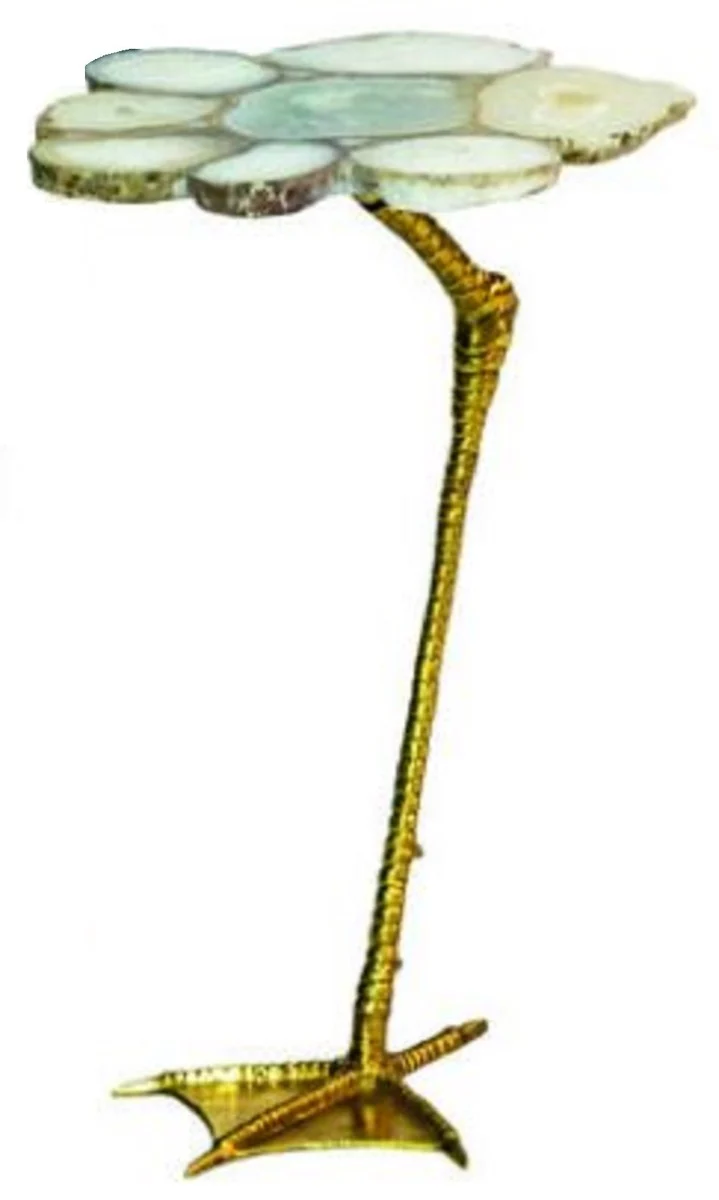 Casa Padrino Luxus Beistelltisch Weiß / Gold 30 x 39,5 x H. 41,5 cm - Moderner Tisch mit Achat Edelstein Tischplatte und Metall Tischbein im Entenfuß Design - Luxus Wohnzimmer Möbel
