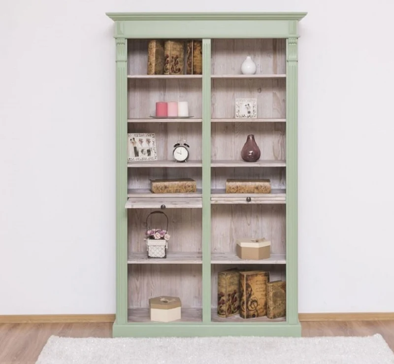 Casa Padrino Landhausstil Bücherschrank Grün / Naturfarben 120 x 37 x H. 197 cm - Massivholz Schrank - Regalschrank - Wohnzimmerschrank - Landhausstil Möbel