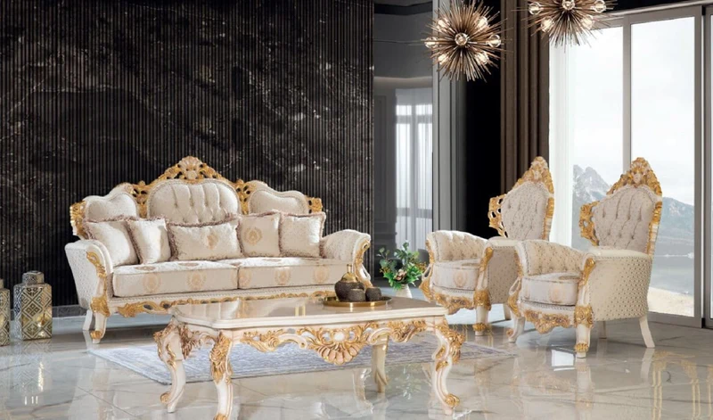 Casa Padrino Luxus Barock Sessel Creme / Weiß / Gold 100 x 80 x H. 125 cm - Handgefertigter Wohnzimmer Sessel mit elegantem Muster - Barock Wohnzimmer Möbel - Edel & Prunkvoll
