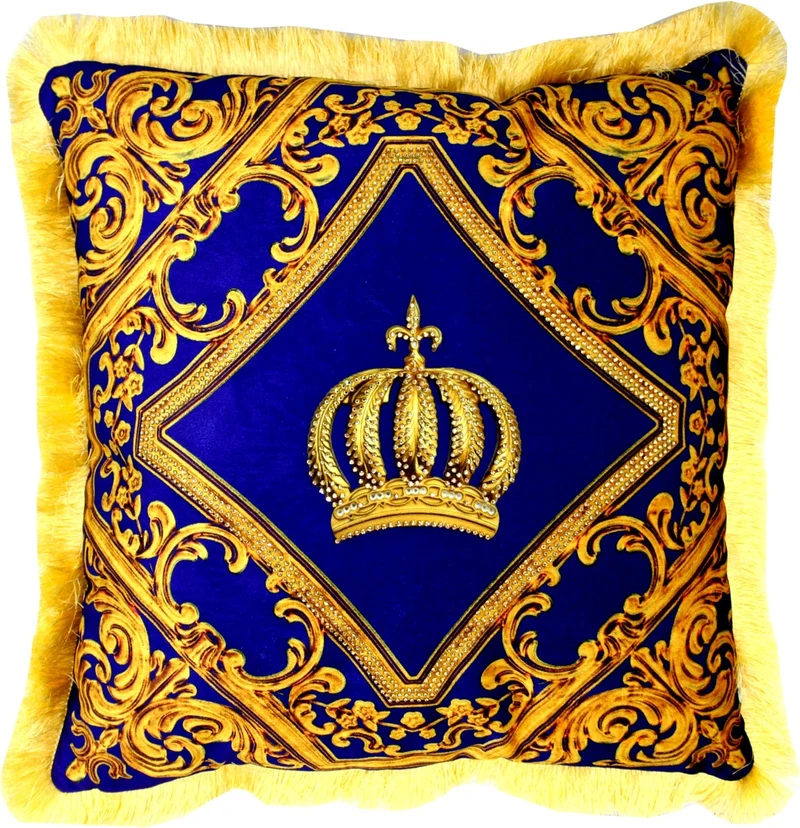 Harald Glööckler Pompöös Kissen by Casa Padrino - Royalblau / Gold Krone Deluxe mit Strass Steinen - Luxus Deko Barock Zierkissen